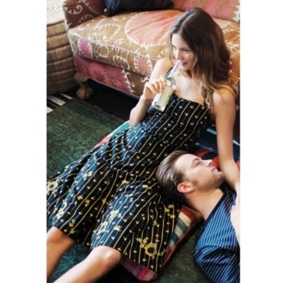 ANTHROPOLOGIE Ruched Martins Dress Birds Stripe. Size 6P - Picture 1 of 9